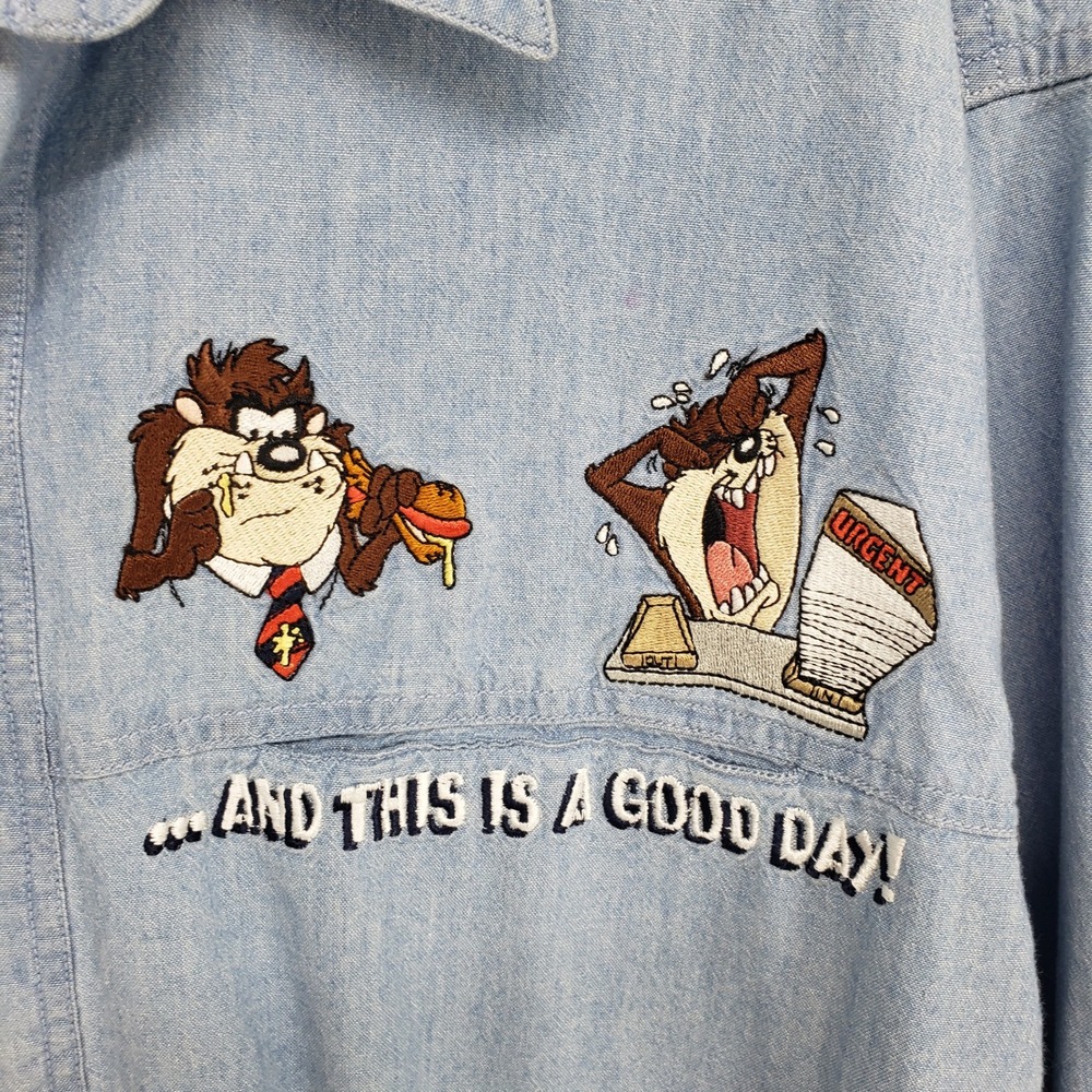 Vintage Warner Bros. Taz Tasmanian Devil Button Down Shirt Mens Large Blue Denim - Picture 7 of 10